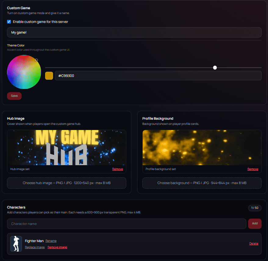 Custom Game dashboard — hub image, profile background, theme color, and character roster