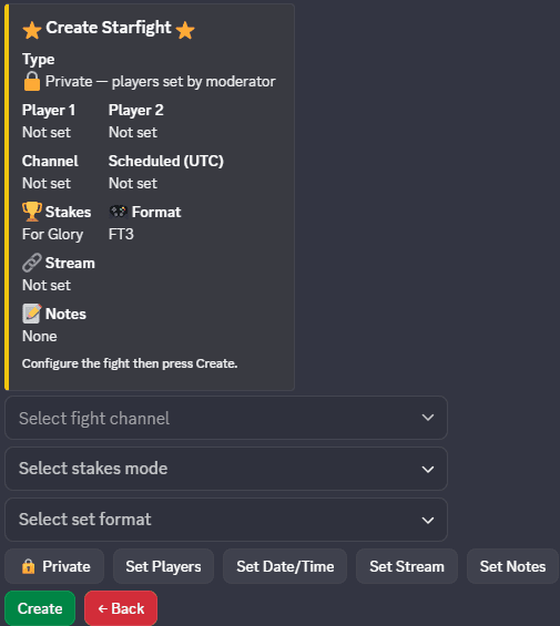 Starfight setup panel showing player, channel, and schedule configuration